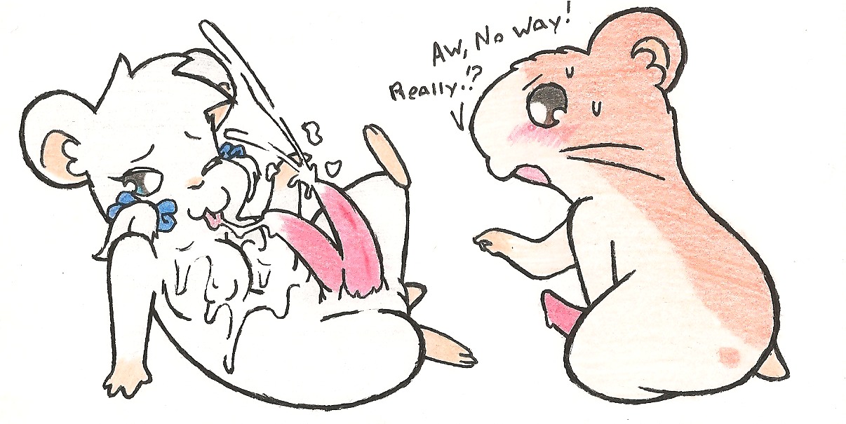 2010 2_penises being_watched bijou_(hamtaro) blush bodily_fluids cricetid cum cum_in_mouth cum_in_own_mouth cum_in_self cum_inside cum_on_face cum_on_own_face cum_on_own_tongue cum_on_self cum_on_tongue cumshot dialogue duo e621 ejaculation english_text erection feral genital_fluids genitals hamster hamtaro hamtaro_(series) hands-free herm humor intersex looking_at_another male mammal multi_genitalia multi_penis orgasm penis rodent roy_mccloud simple_background sweat text tongue vulva what white_background