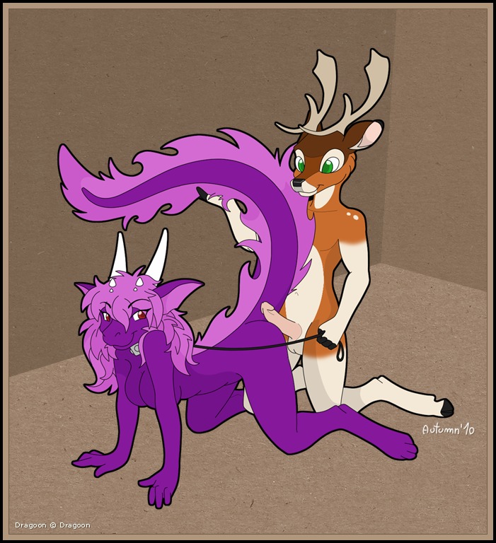 2010 all_fours anthro anthro_on_anthro antlers autumn_(autumndeer) autumndeer balls black_border border breasts collar deer digital_media_(artwork) dominant dominant_male dragon dragon-girl_(fursona) duo e621 erection female from_behind_position genitals hooves horn humanoid_genitalia humanoid_penis interspecies leash male male/female mammal mythological_creature mythological_scalie mythology nude penis purple_body raised_tail scalie sex submissive submissive_female tail