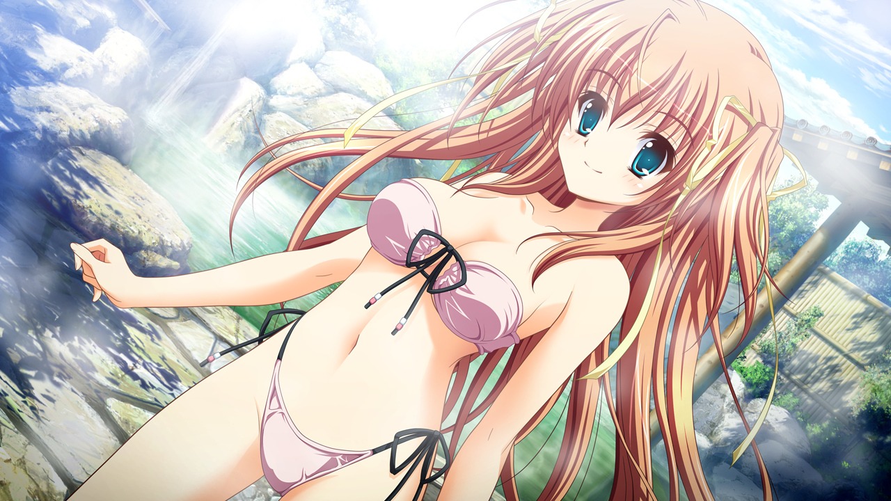 1girls bikini blue blue_eyes blush breasts brown cleavage dutch_angle eyes female front-tie_top game_cg hair higashibetsuin_rurumi long_hair navel onsen orange_hair outdoors ren'ai_kateikyoushi_rurumi_coordinate! rule34 side-tie_bikini smile solo suzui_narumi swimsuit
