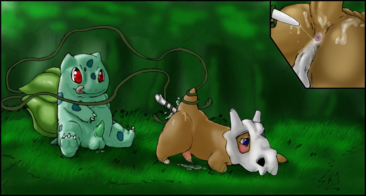 anal anus backsack balls bent_over blue_eyes blush bodily_fluids bone bone_mask bulbasaur cubone cum detailed_background duo e621 embarrassed erection feral forest generation_1_pokemon genital_fluids genitals male male/male male_penetrated male_penetrating male_penetrating_male mask nature nintendo outside penetration penis plant pokemon pokemon_(species) presenting red_eyes sex skull skull_mask swagknight1 tongue tree vines young