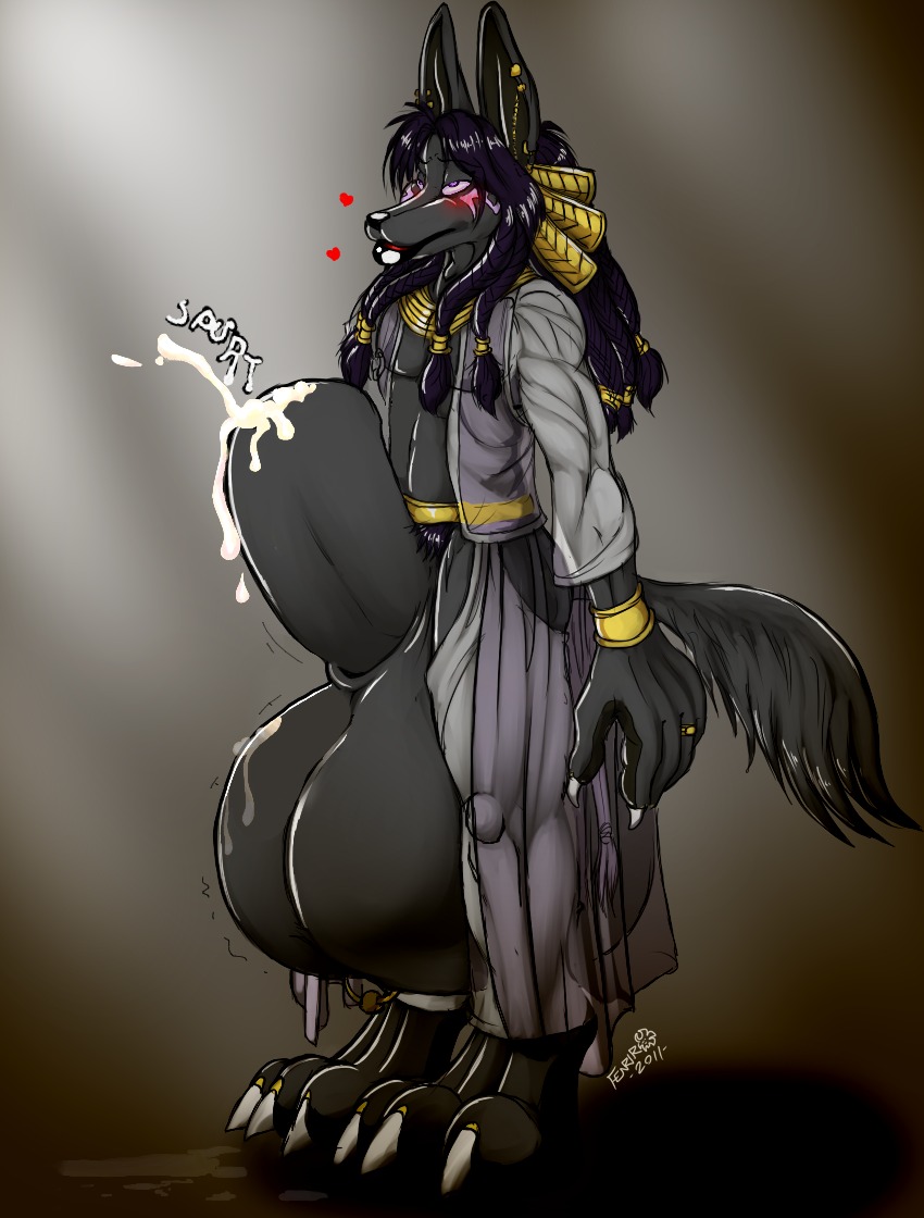 animal_genitalia anthro anubian_jackal anubis balls big_balls big_penis big_sheath biped black_genitals blush bodily_fluids bracelet canid canine canis claws clothed clothing cum cum_in_sheath cum_on_balls cum_on_sheath cum_while_flaccid cum_while_sheathed deity digital_media_(artwork) e621 egyptian egyptian_mythology excessive_genital_fluids fenrir_(artist) fenrir_lunaris fully_sheathed fur genital_fluids genitals gradient_background hair heart_symbol huge_balls huge_penis huge_sheath hyper hyper_balls hyper_genitalia hyper_penis hyper_sheath jackal jewelry male mammal middle_eastern_mythology mythology open_clothing open_topwear orgasm penis precum purple_eyes ring_(jewelry) robe sheath signature simple_background solo tail third-party_edit topwear translucent translucent_clothing translucent_topwear