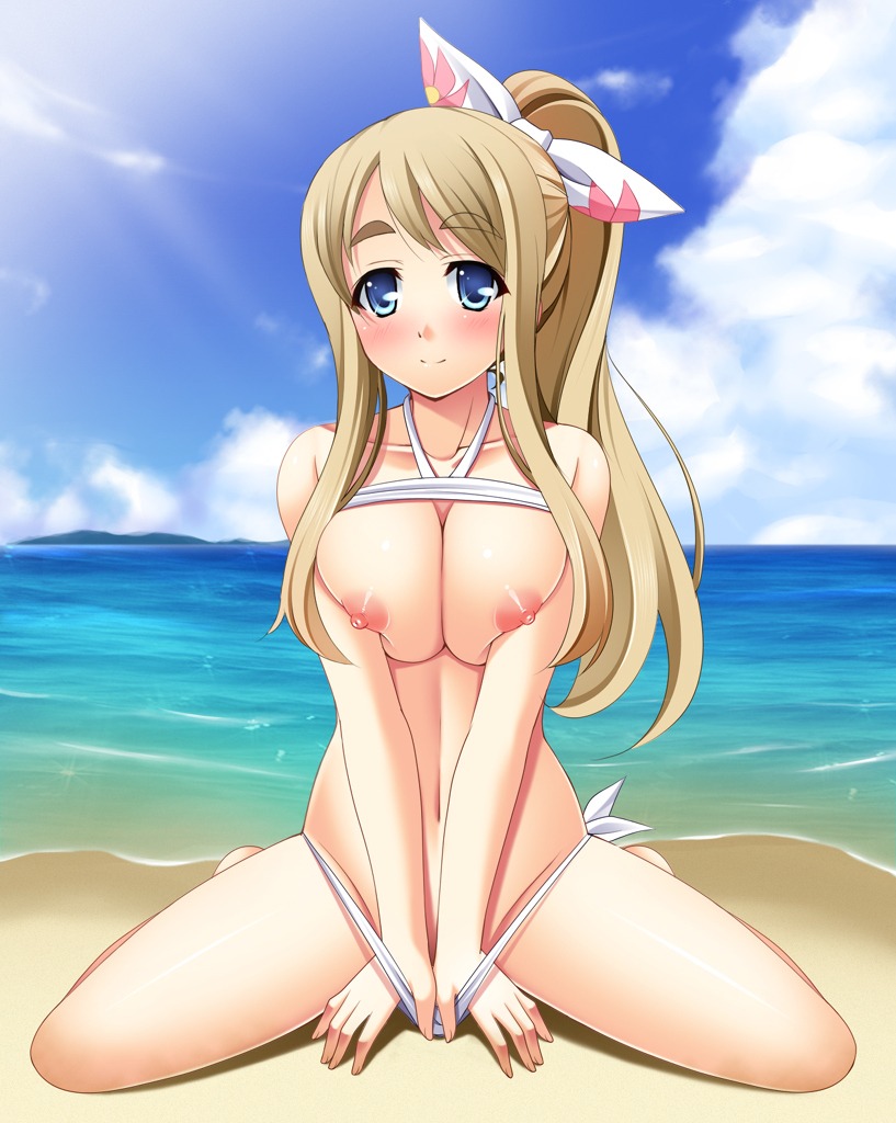 beach bikini bikini_lift bikini_pull blonde_hair blue_eyes blush bow breast_squeeze breasts female hairbow halterneck human human_only k-on! large_breasts long_hair narutaki_shin nipples ponytail rule34 solo swimsuit tied_hair tsumugi_kotobuki_(k-on!)
