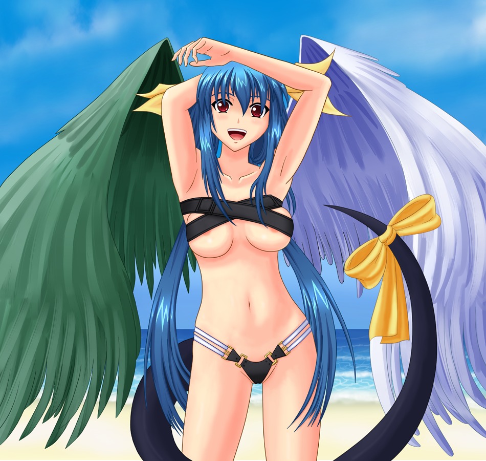 asymmetrical_wings beach bikini blue_hair blush breasts dizzy_(guilty_gear) female guilty_gear hair_ribbon long_hair ocean open_mouth red_eyes ribbon rule34 smile swimsuit tail tail_ribbon tied_hair twintails uizu underboob wings wiz_(shadow)