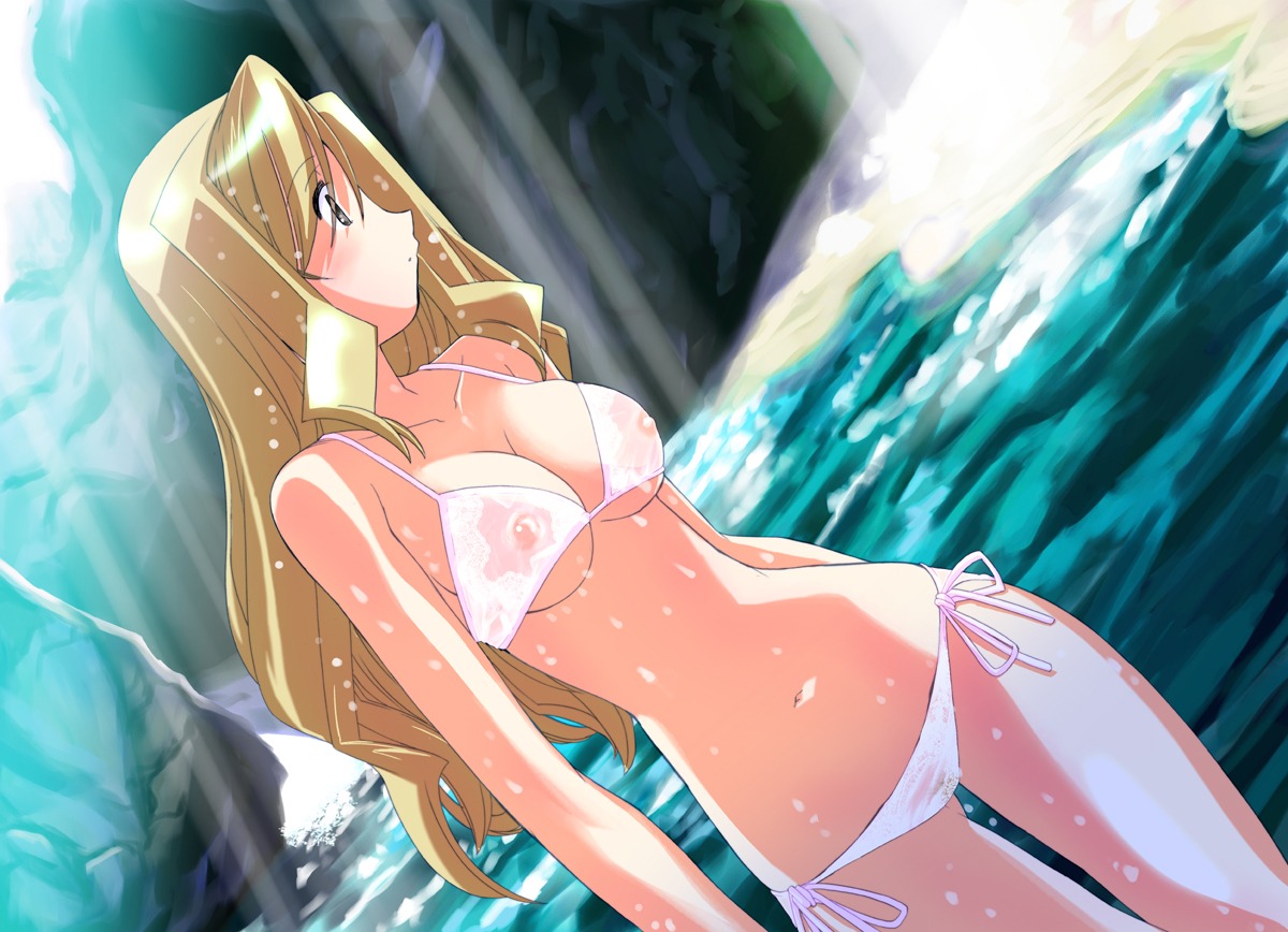 1girls bikini blonde_hair breasts brown_eyes brown_hair female lowleg morimi_ashita nipples original rule34 see-through side-tie_bikini solo swimsuit water wet