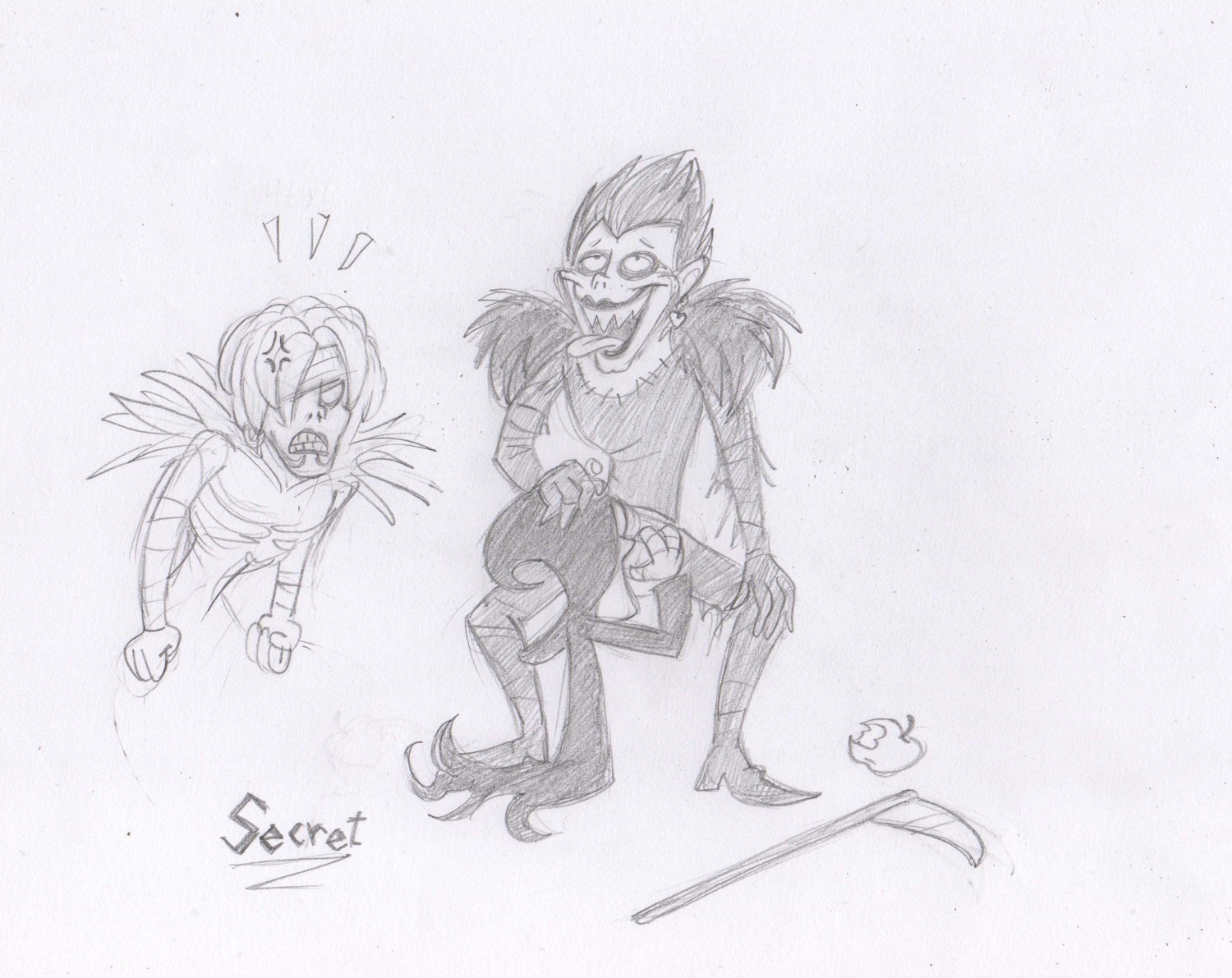 apple cartoon_network crossover death_note grim_(billy_and_mandy) male male_only monochrome rem_(death_note) rule34 ryuk tagme the_grim_adventures_of_billy_and_mandy traditional_media_(artwork) weird_crossover yaoi