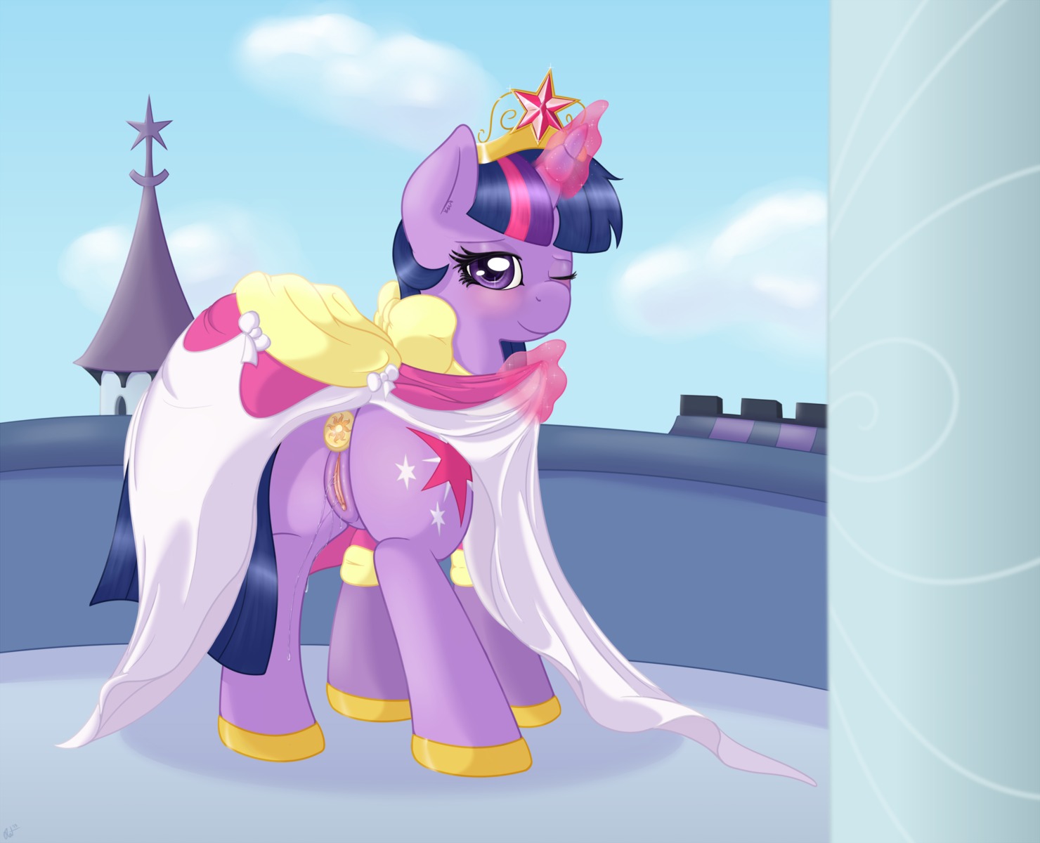 2013 anal anal_penetration blush bodily_fluids buttplug clothing crown cutie_mark digital_media_(artwork) e621 equid equine female feral friendship_is_magic fur genital_fluids genitals hair hasbro headgear hi_res horn looking_at_viewer looking_back mammal multicolored_hair my_little_pony mythological_creature mythological_equine mythology one_eye_closed penetration plug_(sex_toy) presenting purple_body purple_fur purple_hair quadruped ratofdrawn sex_toy smile solo tail twilight_sparkle_(mlp) two_tone_hair unicorn vaginal_fluids vulva wink