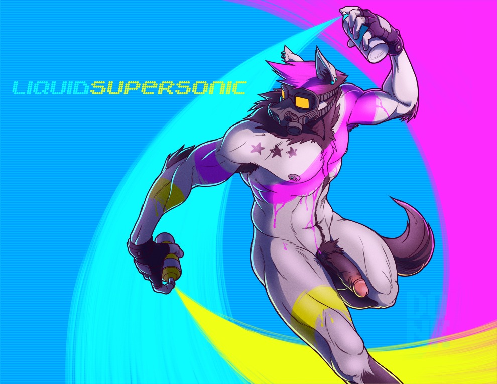 abstract_background anthro armpit_hair balls biceps big_penis biped body_hair canid canine canis clothing donkulous e621 ear_piercing flaccid fur gas_mask genitals gloves graffiti grey_body grey_fur hair handwear happy_trail male mammal mask muscular muscular_anthro muscular_male nipple_piercing nipples nude paint penis piercing pink_hair simple_background solo tail wolf