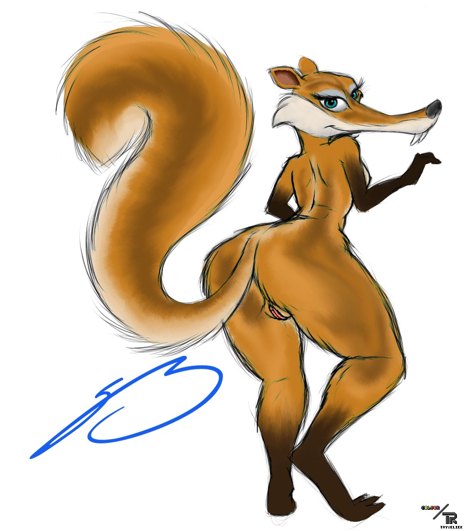 anthro anthrofied barefoot big_butt biped blue_eyes blue_sky_studios breasts brown_body brown_fur butt e621 eyelashes fangs feet female fluffy fluffy_tail fur genitals gloves_(marking) ice_age_(series) ice_age_3 leg_markings looking_at_viewer looking_back mammal markings nipples nude paws pink_vulva rodent saber-toothed_squirrel sabertooth_(anatomy) scratte_(ice_age) side_boob signature simple_background socks_(marking) solo steven_stagg tail teeth vulva white_background