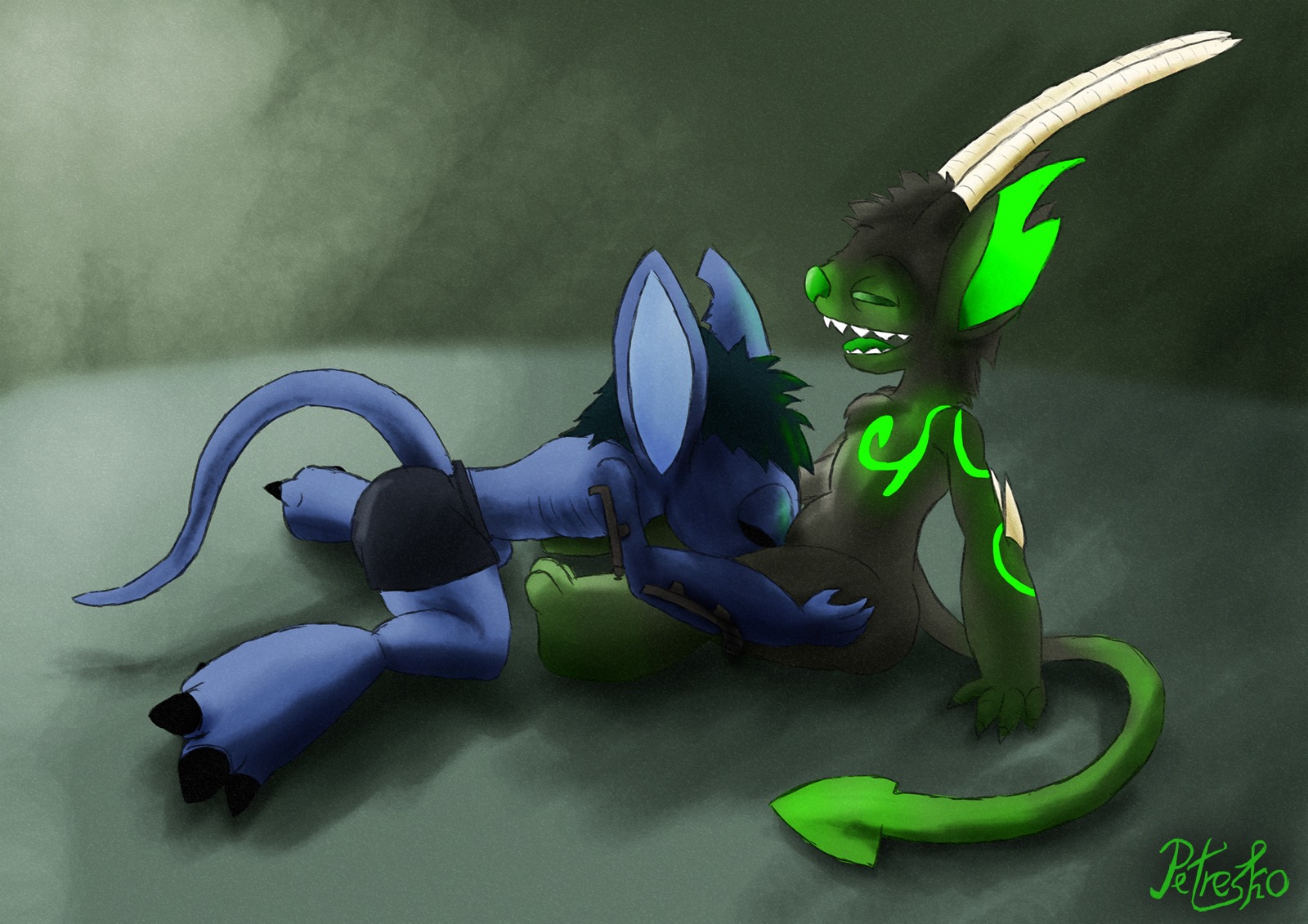 alien bioluminescence blue_body blue_skin disney duo e621 experiment_(lilo_and_stitch) fellatio glowing green_body green_eyes green_nose green_skin hi_res horn lilo_and_stitch long_ears long_tail male male/male male_penetrated male_penetrating male_penetrating_male mohawk monster oral penetration penile petresko radioactive sex sitting tail tsuki_akurei