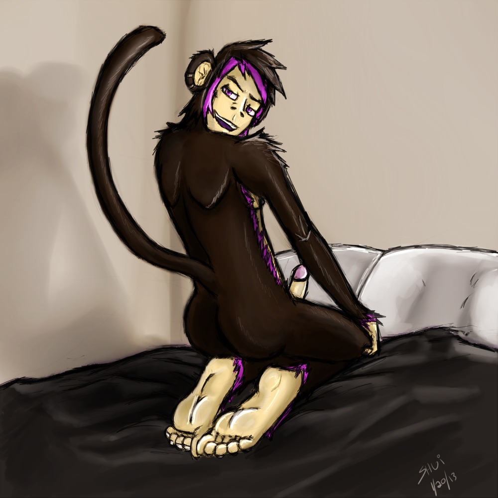 1:1 2013 5_toes anthro barefoot bed bedding biped blanket brown_body brown_fur circumcised e621 ear_piercing erection feet fur furniture genitals haplorhine hindpaw humanoid_feet humanoid_genitalia humanoid_penis kahlua_(shuigetsu) kneeling lazertooth long_tail looking_at_viewer looking_back looking_back_at_viewer male mammal monkey nude on_bed open_mouth paws penis piercing pillow pink_body pink_eyes pink_fur plantigrade primate raised_tail shadow smile soles solo tail teeth toes