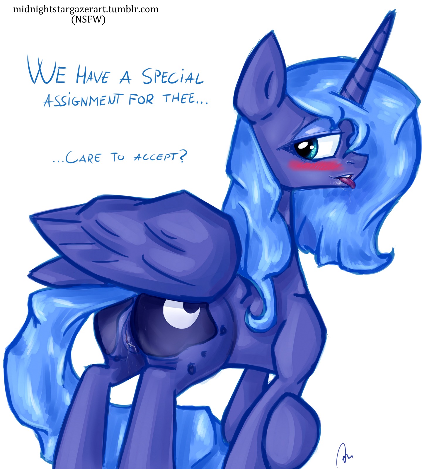 asadama blue_body blue_eyes blue_feathers blush bodily_fluids cutie_mark e621 english_text equid equine feathered_wings feathers female feral friendship_is_magic fur genital_fluids genitals hasbro hi_res horn inviting mammal mane my_little_pony mythological_creature mythological_equine mythology night open_mouth presenting princess_luna_(mlp) simple_background smile solo text tongue url vaginal_fluids vulva winged_unicorn wings