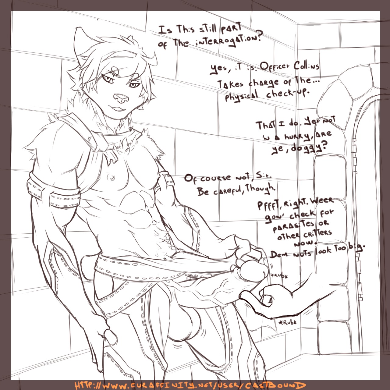 1:1 2014 abs anthro armor armwear athletic balls biceps big_balls big_penis black_and_white bottomwear bottomwear_aside canid canine canis castbound chaps clothing clothing_aside dialogue domestic_dog dungeon duo e621 elbow_gloves english_text erection foreskin fur genitals gloves hair handwear hi_res human husky kevak_(castbound) loincloth loincloth_aside looking_at_viewer male male/male mammal medieval monochrome muscular nipples nordic_sled_dog open_mouth pecs penis presenting retracted_foreskin solo_focus spitz standing text vein warrior