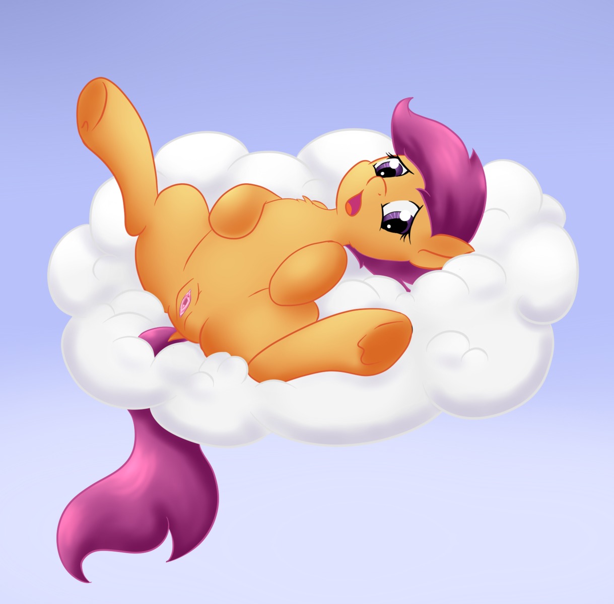 alazak cloud e621 equid equine female feral friendship_is_magic fur genitals gradient_background hasbro hi_res horse looking_at_viewer lying mammal my_little_pony on_back on_cloud open_mouth orange_body orange_fur outside pony scootaloo_(mlp) simple_background sky solo spread_legs spreading vulva young young_female young_feral