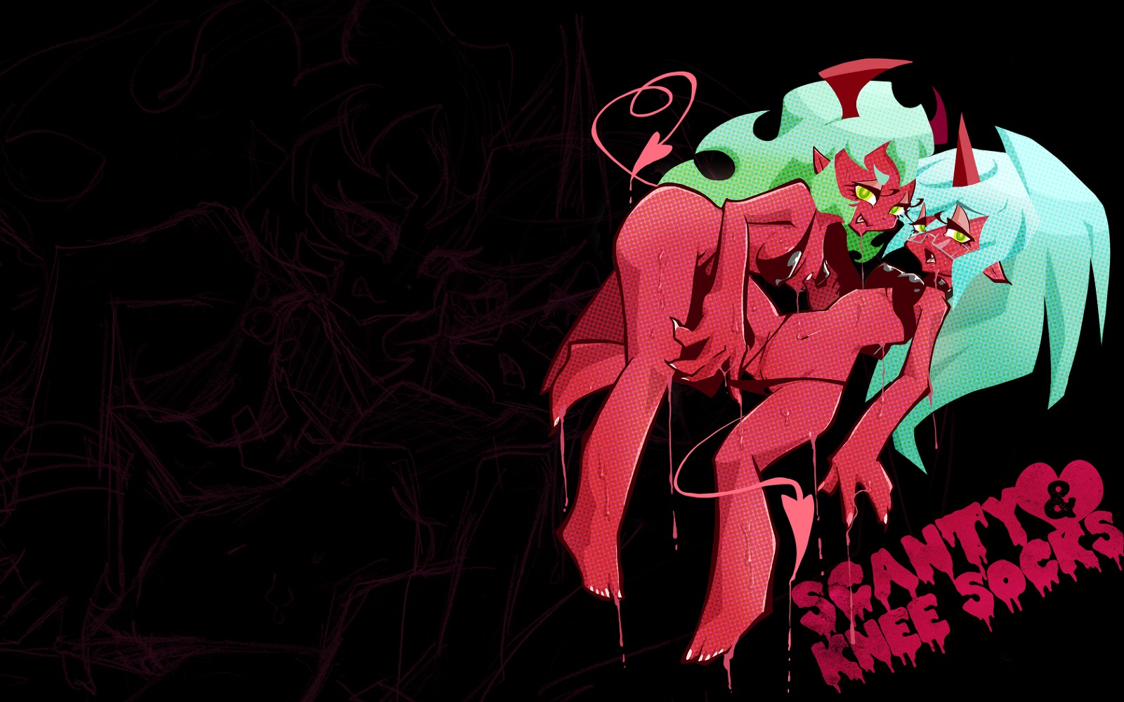 2demons :p bikini blue_hair demon demon_girl demon_tail female glasses green_hair highres horn incest kneesocks_daemon long_hair multiple_females multiple_girls official_style panty_&amp;_stocking_with_garterbelt red_skin rule34 scanty_daemon siblings sisters swimsuit tail tongue wet yuri