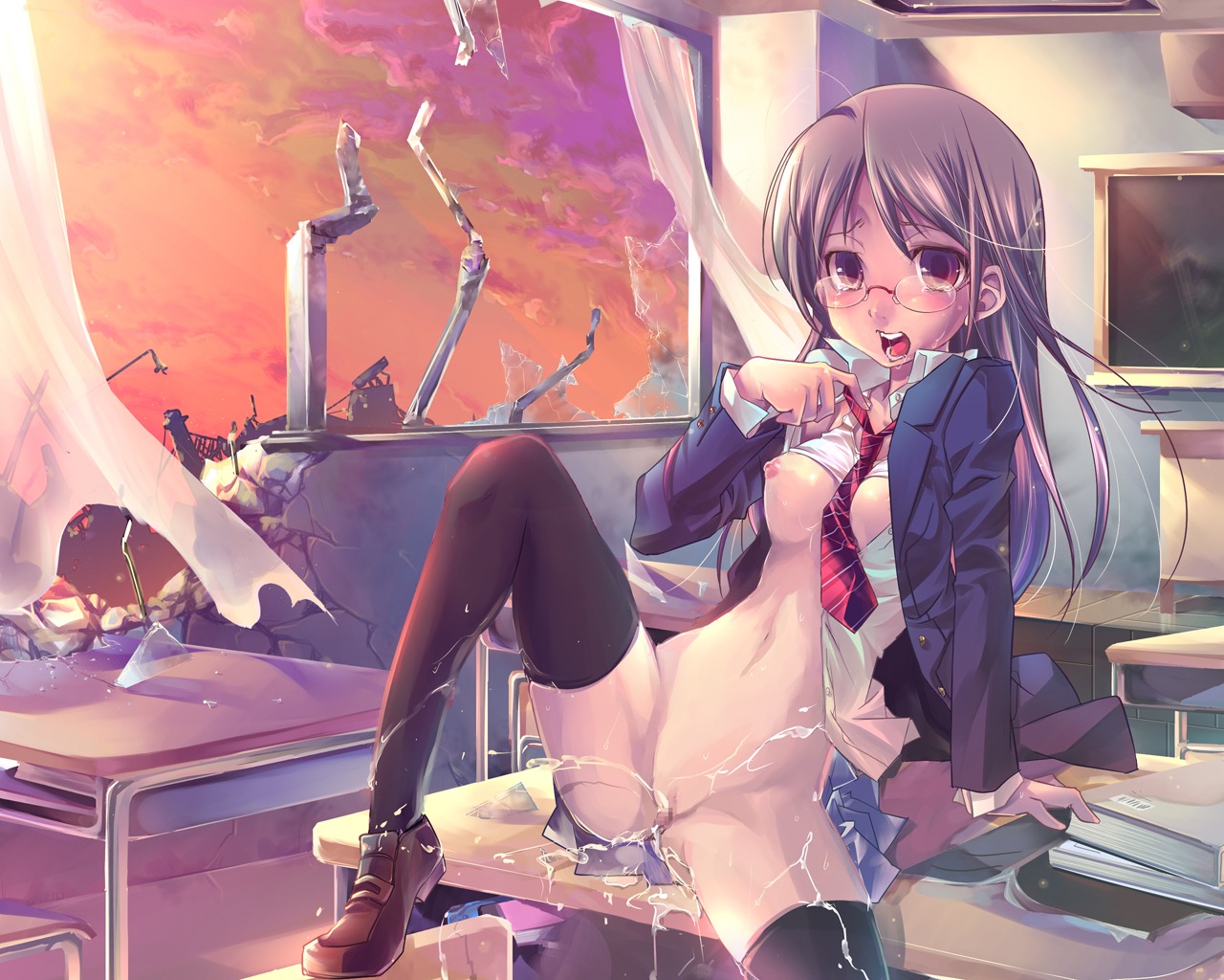 1girls anime_style bottomless bra bra_lift breasts broken_glass censored chair classroom desk female glass glasses kamishiki legs lingerie long_hair navel necktie nipples open_clothes open_shirt original peeing purple_eyes purple_hair pussy ruins rule34 school_desk school_uniform shirt skirt solo tears thighhighs underwear urine wallpaper wet