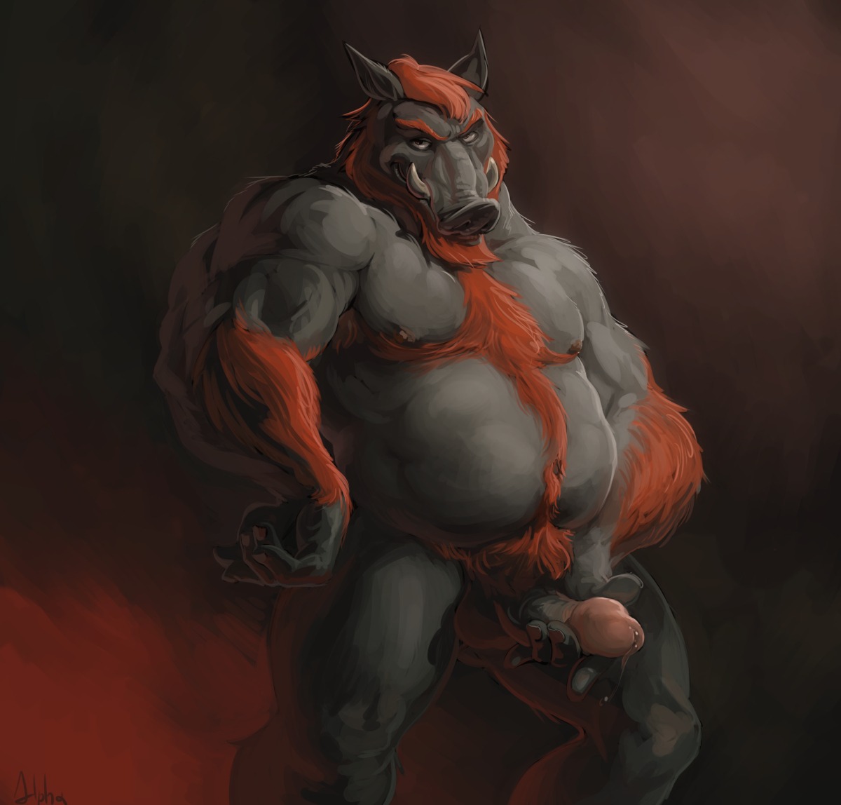 alpha0 andrew_(rodrigojacobos) anthro armpit_hair balls biceps big_muscles biped bodily_fluids body_hair chest_tuft dripping e621 erection fur genital_fluids genitals hairy happy_trail holding_penis humanoid_genitalia humanoid_penis looking_at_viewer male mammal musclegut muscular muscular_anthro muscular_male nipples nude pecs penis precum presenting pubes slightly_chubby solo standing suid suine sus_(pig) tuft vein wild_boar