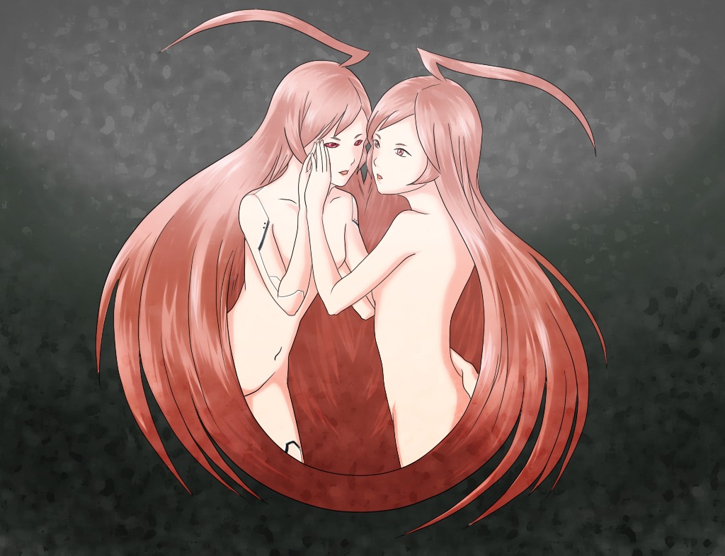 2girls ahoge android dual_persona female humanoid light-skinned_female light_skin long_hair naked red_eyes red_hair robot robot_girl rule34 sf-a2_miki small_breasts tagme vocaloid