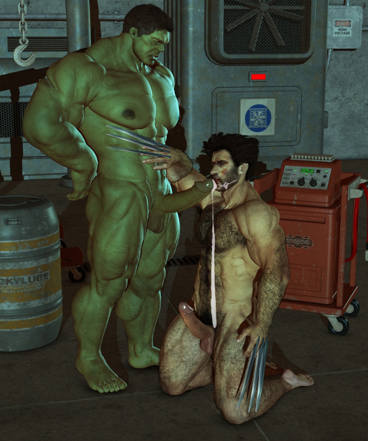2boys 3d abs after_fellatio after_orgasm barefoot black_hair boner claws cum cum_dripping cum_on_face erect_nipples erection facial_hair feet fellatio gay green-skinned_male green_skin hand_on_hip hand_on_stomach hulk hulk_(series) human james_howlett light-skinned_male light_skin looking_at_partner looking_at_penis male male_only marvel marvel_comics mature mouth_open multiple_males multiple_penises muscles mutant nipples nude oral_sex pecs penis retractable_claws rule34 veiny_muscles wolverine_(x-men) x-men yaoi yolco