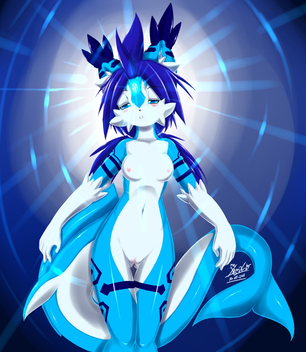 2011 abstract_background anthro biped black_nose blue_eyes blue_hair breasts e621 female genitals glowing hair half-closed_eyes hybrid lily_(mnxenx001) long_hair looking_at_viewer markings mnxenx001 naiad narrowed_eyes navel nipples nude open_mouth pinup pose simple_background solo standing tail vulva
