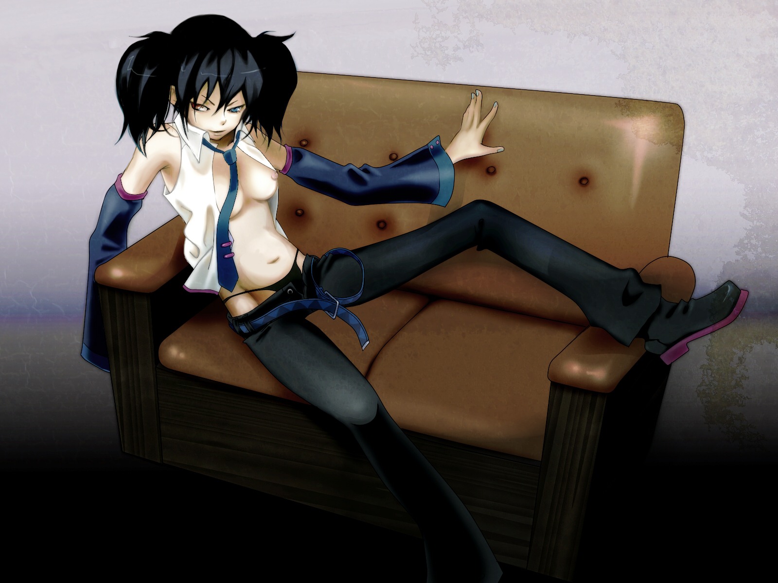 black_hair black_panties blue_eyes breasts couch female heterochromia highres human katou_shimekichi lying nipples open_clothes open_shirt panties red_eyes ruko_yokune rule34 shirt smile solo tied_hair twintails underwear utau vocaloid