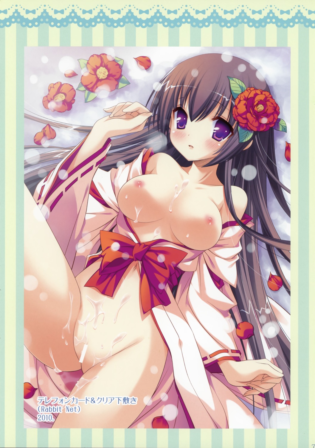 an_an_wanco black_hair breasts censor_bar censored copyright_request cum cum_on_body cum_on_breasts cum_on_pussy cum_on_upper_body female flower hair_flower hair_ornament high_resolution inugahora_an japanese_clothes kimono lying miko nipples no_bra nopan open_clothes open_kimono open_shirt petals purple_eyes pussy rose rose_petals rule34 shirt snow snowing spread_legs