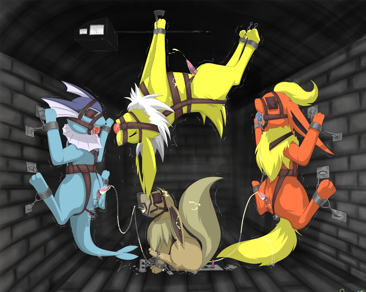 5:4 anal anal_penetration anus ball_gag balls bdsm blindfold bodily_fluids bondage bound bridle canid canine cum cum_circulation cum_in_self cum_inside digitigrade e621 eevee eeveelution erection eyes_closed fadingsky feral flareon forced forced_orgasm gag gagged generation_1_pokemon genital_fluids genitals group inside jolteon machine male male/male male_penetrated male_penetrating male_penetrating_male mammal milking_machine nintendo nude orgasm penetration penile penis penis_milking pipelining pokemon pokemon_(species) sex suspension tail tapering_penis upside_down vaporeon