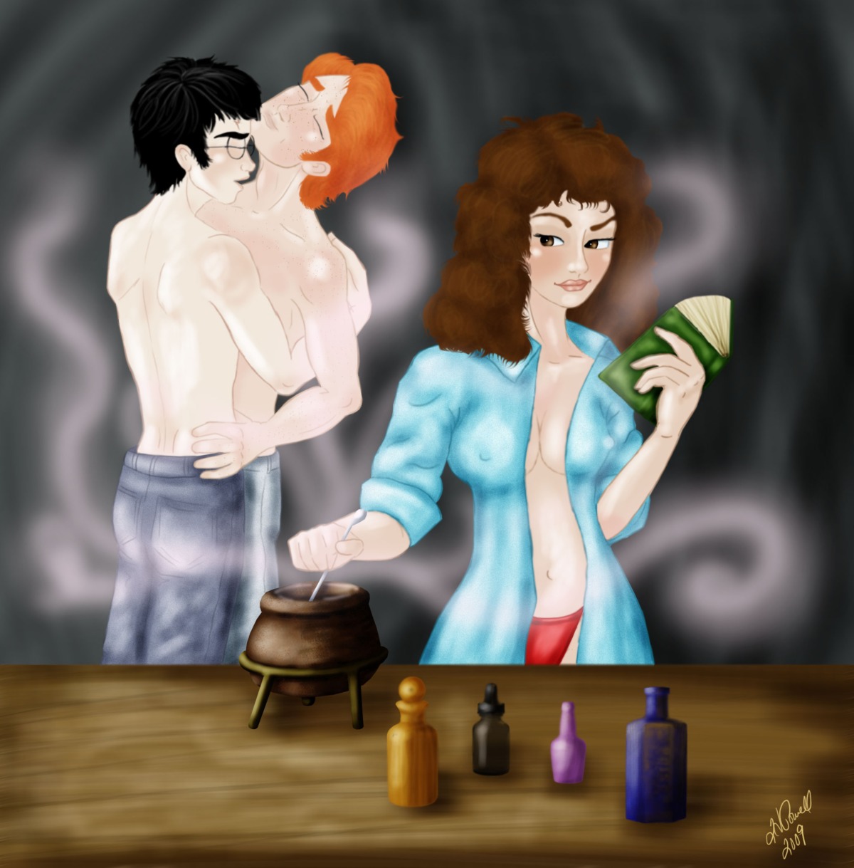 1girls cauldron female gay gryffindor harry_james_potter harry_potter hermione_granger hollyboo2001 male male/male panties ron_weasley rule34 witch_(harry_potter) yaoi