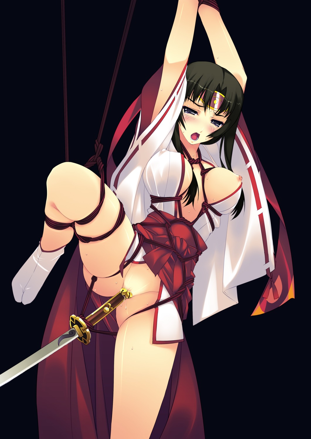 anal anal_insertion anal_object_insertion black_hair blush bondage breasts female female_only grey_eyes hakama high_resolution insertion japanese_clothes leg_up maid miko murakami_suigun nipple_slip nipples penetration pussy queen's_blade rope rule34 solo sword sword_in_ass tabi tomoe uncensored weapon