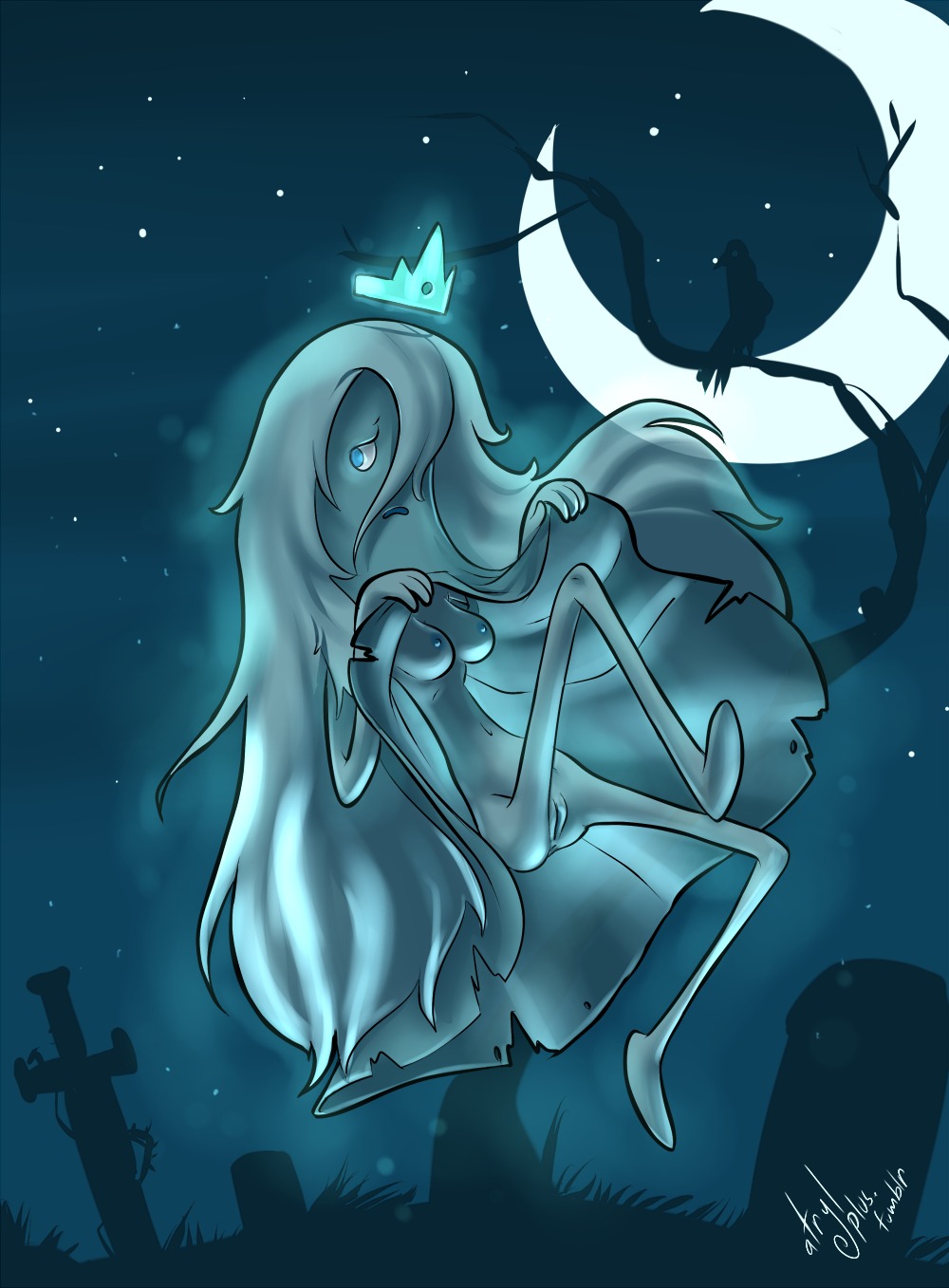 adventure_time anus atryl blue_eyes blue_nipples bottomwear breasts cartoon_network clothed clothing crown digital_media_(artwork) duo e621 female genitals ghost ghost_princess_(adventure_time) hair headgear hi_res long_hair nipples no_underwear not_furry princess royalty skirt solo_focus spirit upskirt vulva