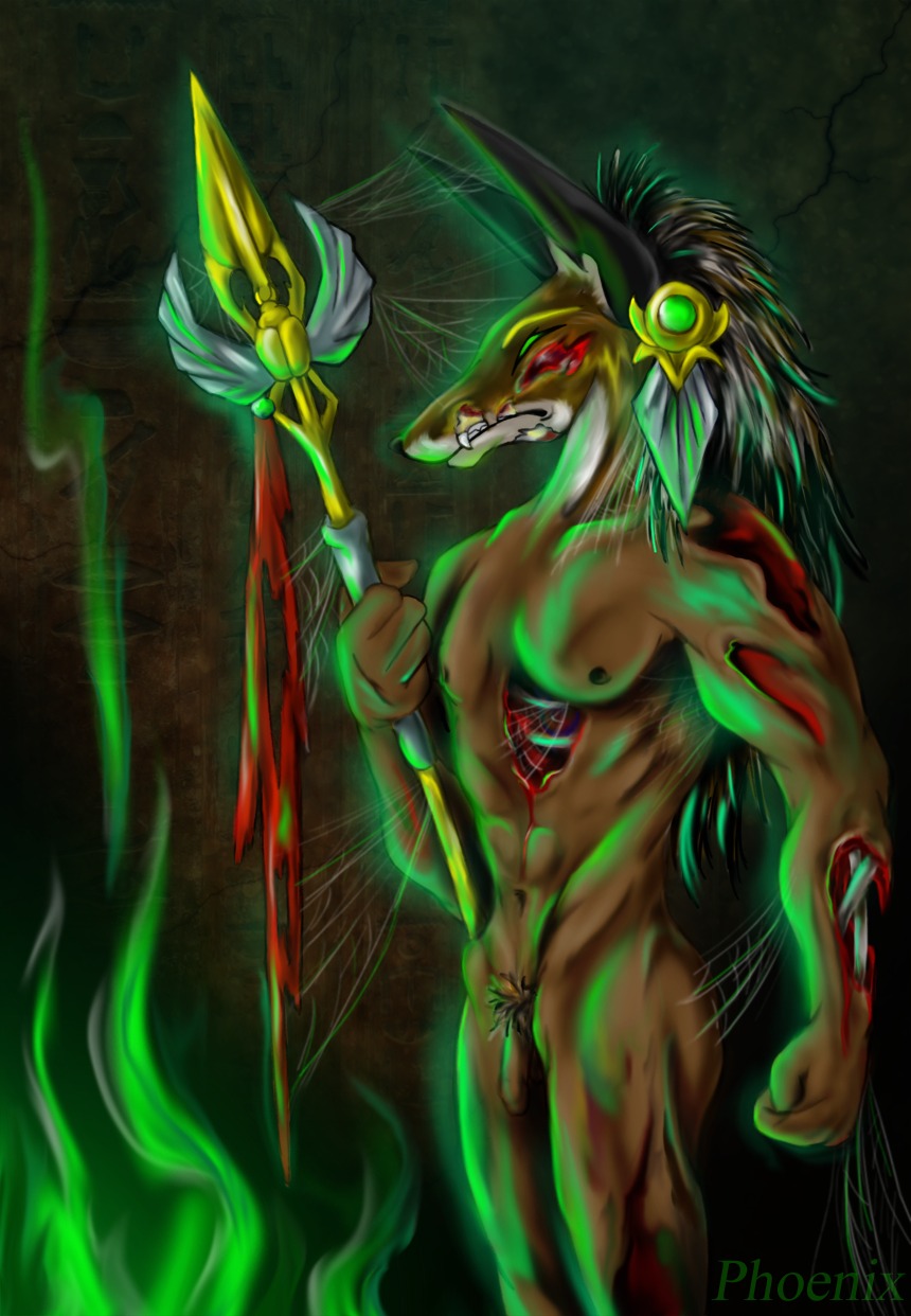 abs anthro anubian_jackal arthropod_webbing bone canid canine canis e621 egyptian flaccid genitals green_eyes hi_res jackal male mammal melee_weapon muscular muscular_anthro muscular_male nude pecs penis phoenix-cry polearm solo spear staff weapon