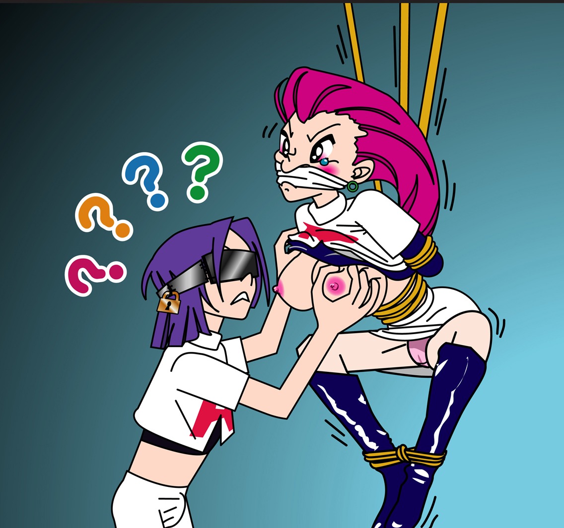 bondage boots bound breasts canon_couple clothes color female gag high_heel_boots human james_(pokemon) jessie_(pokemon) male nipples pokemon romantic_couple rule34 straight suspension tagme team_rocket thigh_boots