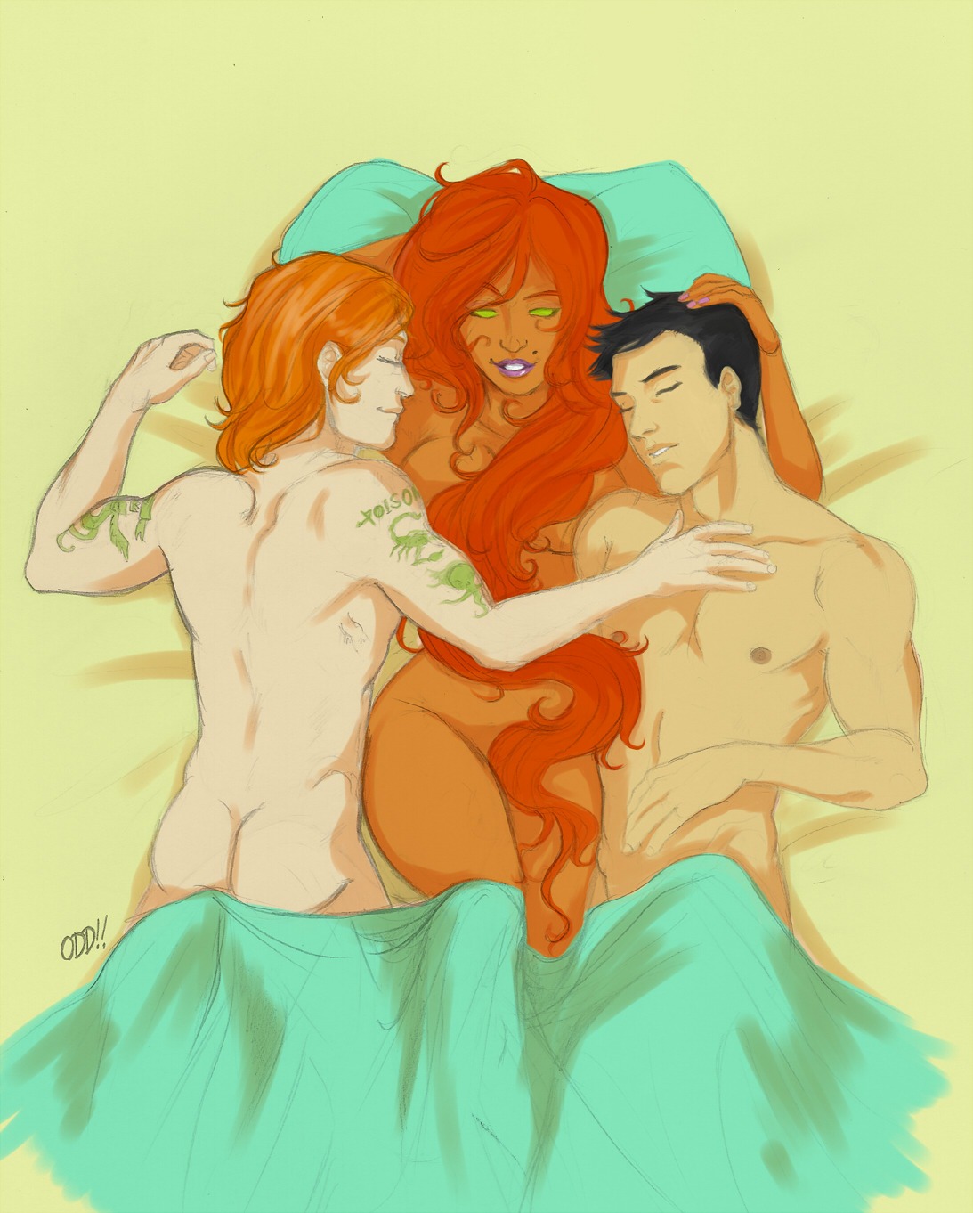 after_sex arsenal bed dc dc_comics female jason_todd koriand'r male red_hood_(dc) red_hood_and_the_outlaws roy_harper rule34 starfire starfire_(comics) teen_titans threesome