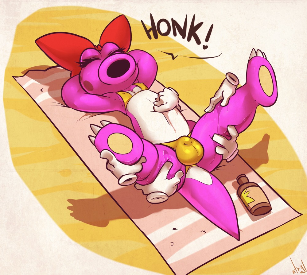 2014 accessory anthro atryl barefoot beach birdo birdo_(character) bow_(feature) bow_accessory bow_ribbon bra bulge butt centered_hair_bow claws clothed clothing crossdressing digital_media_(artwork) dinosaur disembodied_hand duo e621 english_text exclamation_point eyelashes eyes_closed feet femboy gloves hair_accessory hair_bow hair_ribbon handwear heart_symbol honk lying male mario_bros nintendo nipples on_back on_towel outside partially_clothed pink_body prehistoric_species relaxing reptile ribbons sand scalie seaside skimpy solo_focus spread_legs spreading tail text thong toe_claws towel underwear yellow_clothing yellow_underwear