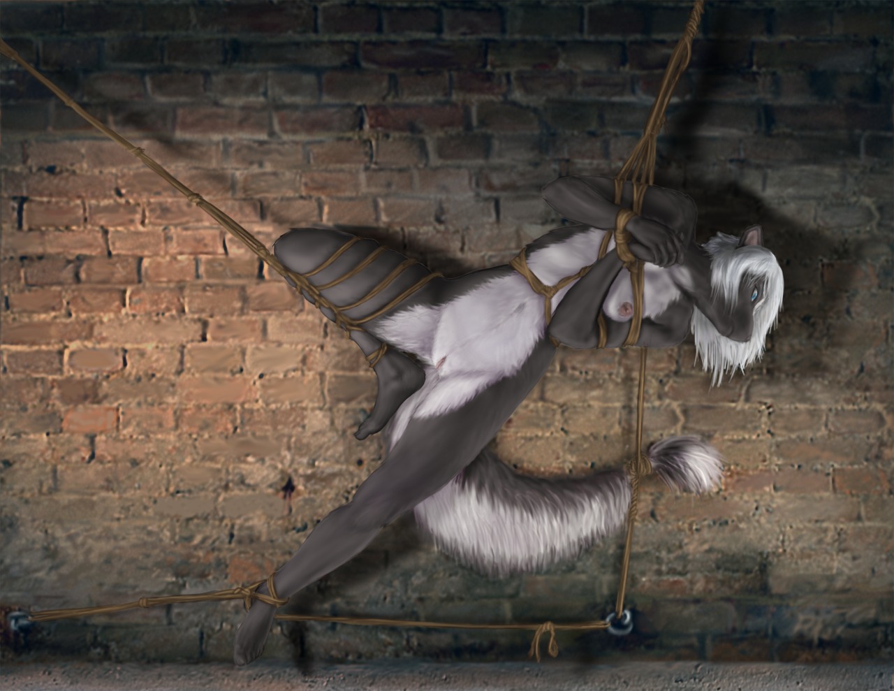 anthro asymmetrical_bondage barefoot bdsm biped blue_eyes bondage bound bound_to_wall breasts brick brick_wall detailed digital_media_(artwork) dungeon e621 feet female fur genitals grey_body grey_fur hair kinbaku mammal mephitid miyu_(rimefox) nipples restrained restraints rimefox rope rope_bondage short_hair side_view skunk solo spread_legs spreading submissive submissive_female suspension vulva wall_(structure) wall_bondage white_body white_fur white_hair wrists_together