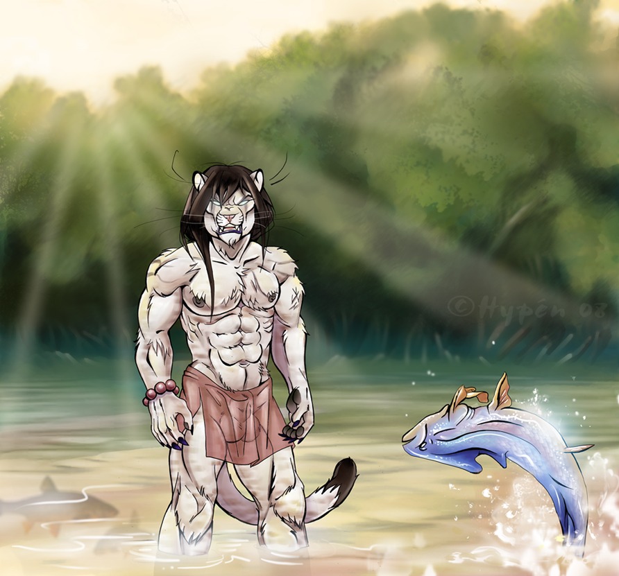 2008 abs animal_genitalia anthro aquatic armor balls charha copyright_symbol e621 felid fish fully_sheathed genitals glowing glowing_eyes lake looking_at_viewer male mammal muscular muscular_anthro muscular_male outside plant sheath solo symbol tail translucent tree unconvincing_armor water watermark wood year