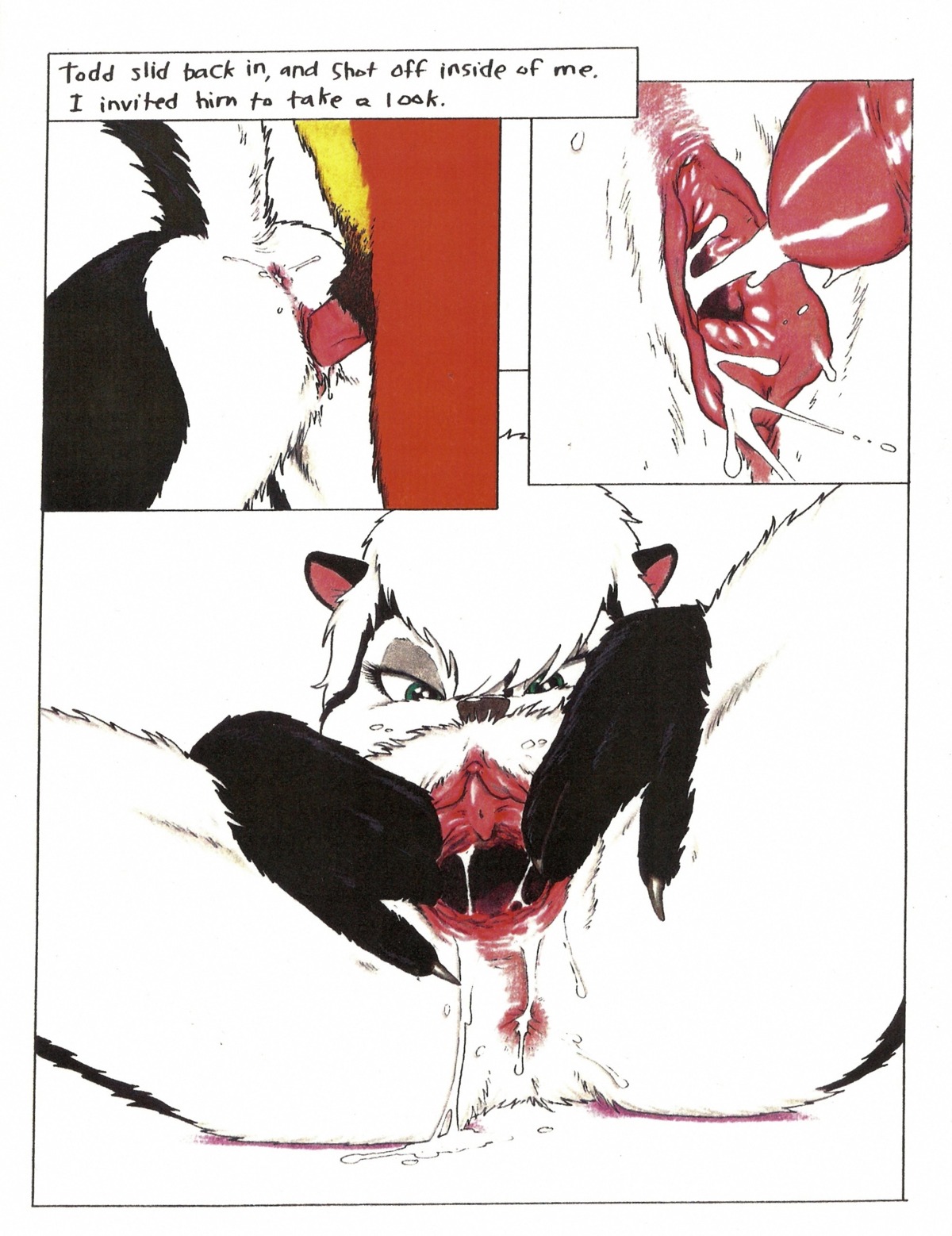 absurd_res anal anthro anus bodily_fluids canid canine comic cum cum_drip cum_in_ass cum_in_vagina cum_inside cum_on_ground cum_string cumshot cumshot_in_pussy dialogue dripping duo e621 ejaculation english_text erection female female_focus female_penetrated fox gaping gaping_vagina genital_fluids genitals green_eyes hair hi_res interspecies james_m_hardiman leaking leaking_cum lori_(jmh) male male/female male_penetrating male_penetrating_female mammal mephitid messy nude orgasm penetration penile penile_penetration penis penis_in_vagina sex skunk solo_focus spread_vulva spreading tail text todd_(jmh) vaginal vaginal_penetration vulva white_hair