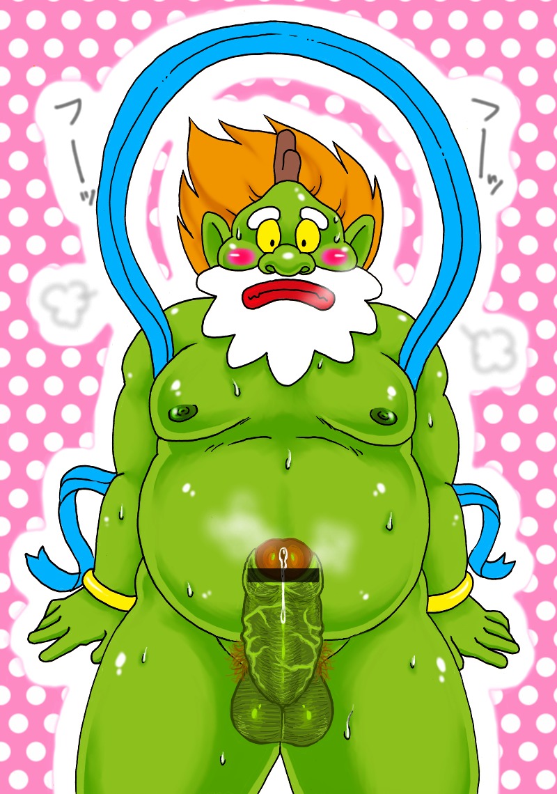 1boy balls blush censor_bar chubby erection fujin god green_skin horn huge_cock japanese_mythology kaigen kami looking_at_viewer male male_only mascot moobs mythology penis precum request rule34 shocked_expression shy