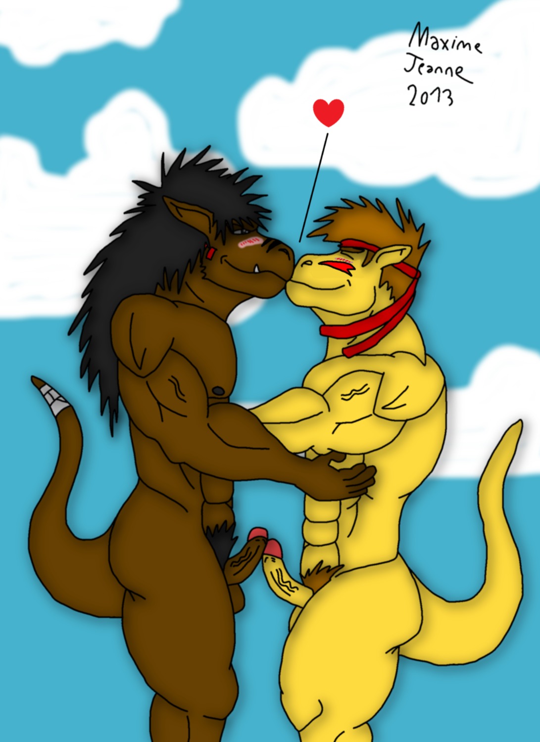 2013 abs anthro balls biceps black_hair brown_body brown_fur brown_hair brown_penis digiknight dragon duo e621 erection fur genitals hair hi_res jam_(kokurou) kissing koku_(kokurou) male male/male maxime-jeanne muscular mythological_creature mythological_scalie mythology nude penis scalie tail