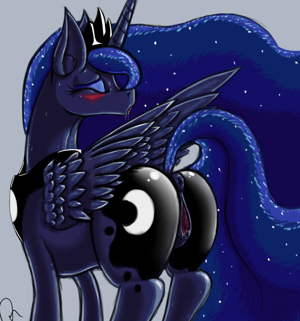 2013 absurd_res anus asadama blue_body blue_feathers blue_fur blue_hair blush bodily_fluids butt crown cutie_mark e621 equid equine eyes_closed feathered_wings feathers female feral friendship_is_magic fur gaping gaping_vagina genital_fluids genitals hair hasbro headgear hi_res horn mammal my_little_pony mythological_creature mythological_equine mythology open_mouth princess_luna_(mlp) puffy_anus quadruped saliva signature solo tail vaginal_fluids vulva winged_unicorn wings