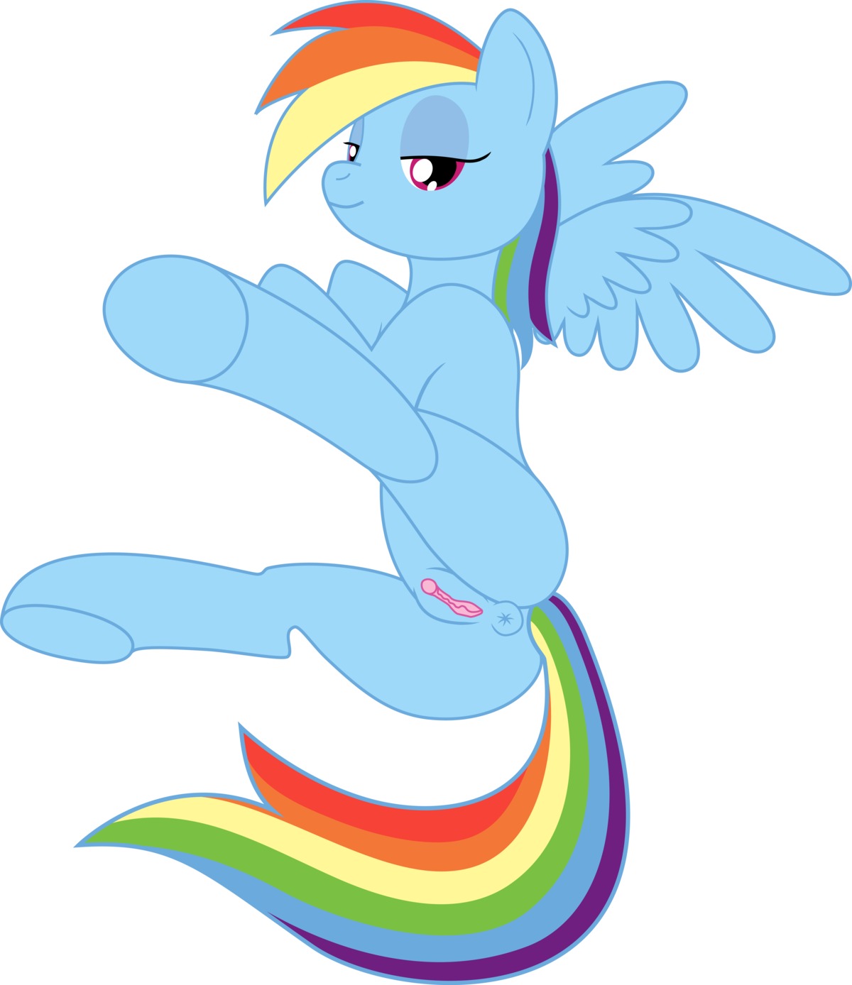 absurd_res anus blue_body blue_feathers blue_fur butt e621 equid equine feathered_wings feathers female feral friendship_is_magic fur genitals hair hasbro hi_res hooves looking_at_viewer mammal multicolored_hair multicolored_tail my_little_pony mythological_creature mythological_equine mythology nude pegasus rainbow_dash_(mlp) rainbow_hair rainbow_tail smile solo tail unknown_artist vulva wings
