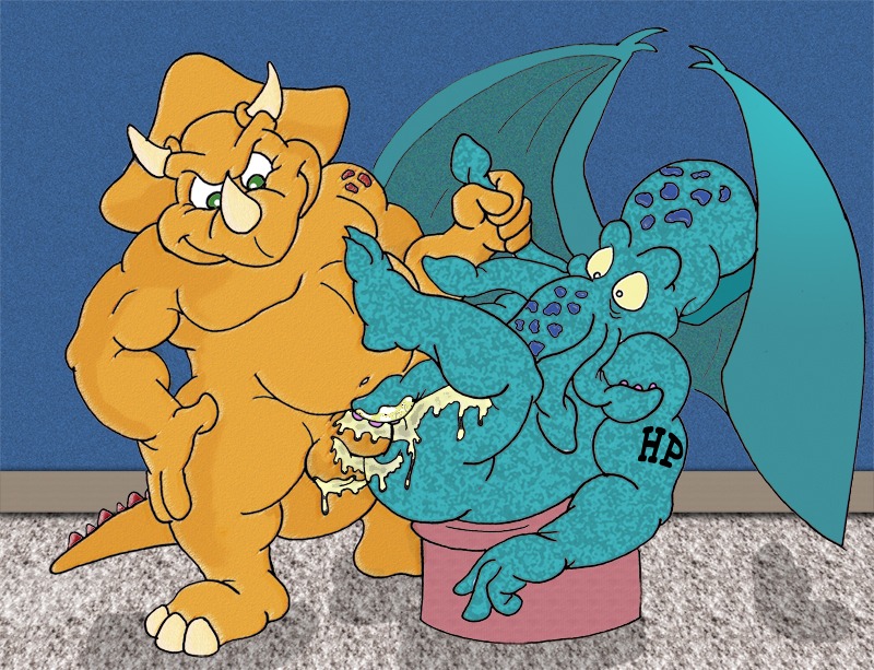 2boys anthro cthulhu cthulhu_mythos cum dinosaur green_eyes h.p._lovecraft horn horns male male_only reptile rule34 scalie triceratops wings
