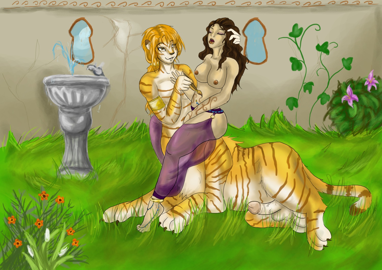 absurd_res anthro breasts day digitigrade duo e621 felid female flower genitals grass henna hi_res human kaeaskavi male mammal nipples nude outside paint painting_(object) pantherine penis plant quadruped tabby_fur tail taur tiger
