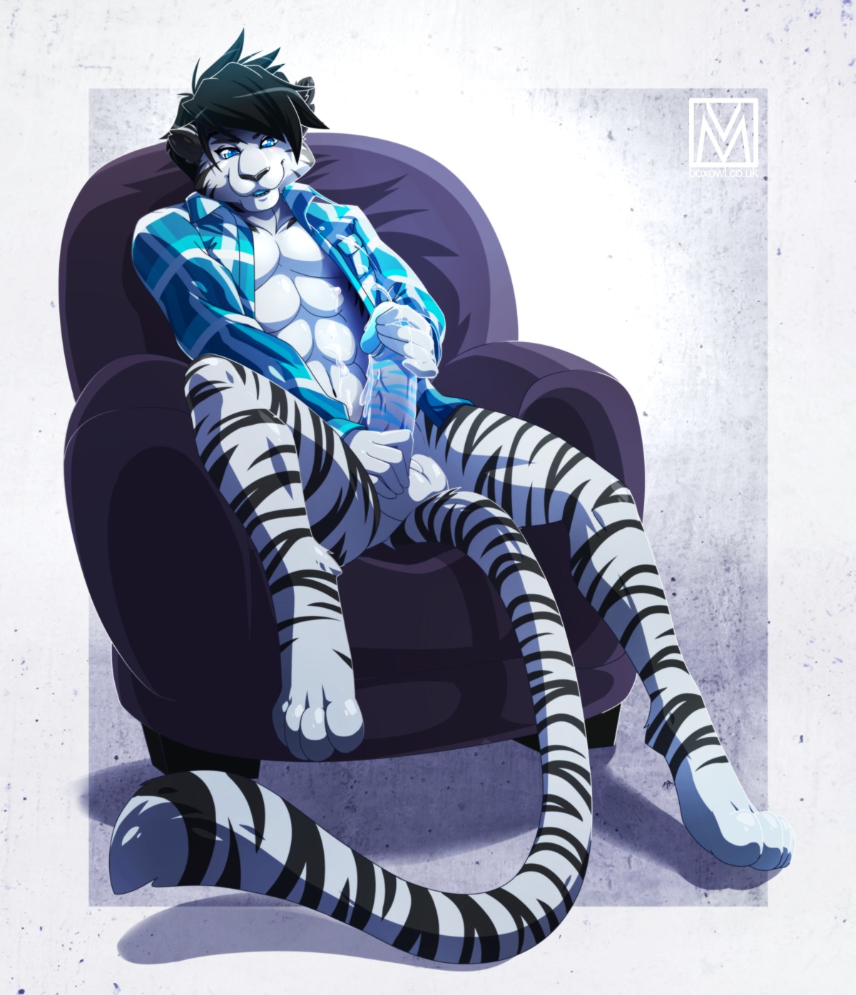 2014 abs absurd_res anthro athletic balls big_penis biped black_body black_fur black_hair black_nose blue_eyes bodily_fluids bottomless chair clothed clothing cum cum_on_belly cum_on_body cum_on_chest cum_on_hand cum_on_penis cum_on_self cum_string cumshot e621 ejaculation erection felid fur furniture genital_fluids genitals hair hi_res humanoid_genitalia humanoid_penis lapres leaking leucistic male mammal markings masturbation milo_(mrtweek) muscular muscular_anthro open_clothing open_shirt open_topwear orgasm pantherine pecs penile penile_masturbation penis pose precum presenting shirt sitting solo spread_legs spreading stripes tiger topwear vein white_body white_fur