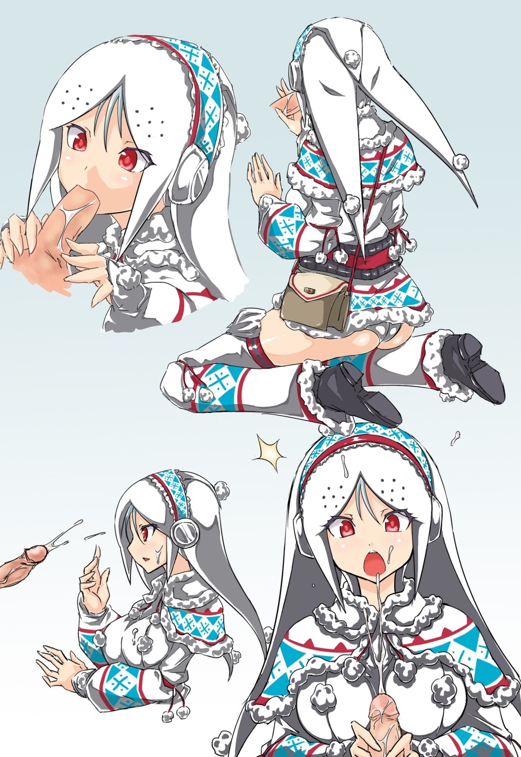 armor artist_request ass bag blush capcom cum facial fellatio female hair handjob highres lagombi_(armor) male monster_hunter monster_hunter_portable_3rd open_mouth oral penis red_eyes rule34 silver_hair source_request uncensored urukususu_(armor)