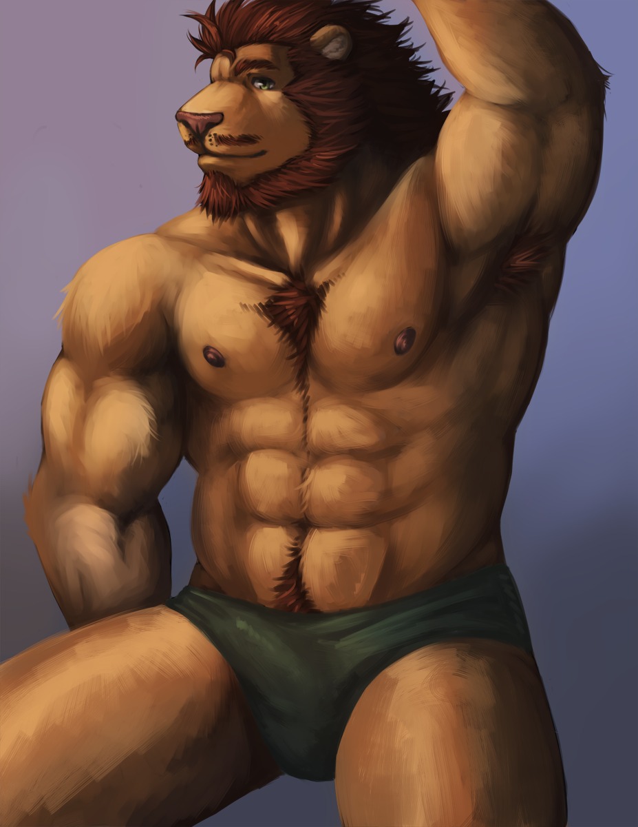 2013 abs adios anthro armpit_hair beard biceps body_hair bulge chest_hair clothed clothing detailed_bulge digital_media_(artwork) e621 facial_hair felid genital_outline green_eyes happy_trail hi_res lion looking_at_viewer male mammal muscular muscular_anthro muscular_male mustache nipples pantherine penis_outline raised_arm simple_background solo speedo swimwear topless