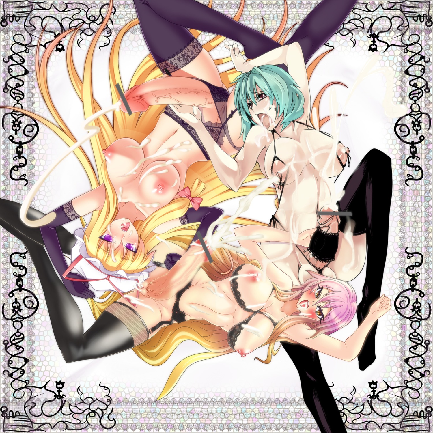 2010 3futas bar_censor blonde_hair brown_hair ejaculation futa_sans_balls futanari green_hair hijiri_byakuren intersex long_hair multicolored_hair naked no_humans purple_eyes rule34 short_hair tagme team_shanghai_alice touhou youkai yuka_kazami yukari_yakumo yuuka_kazami