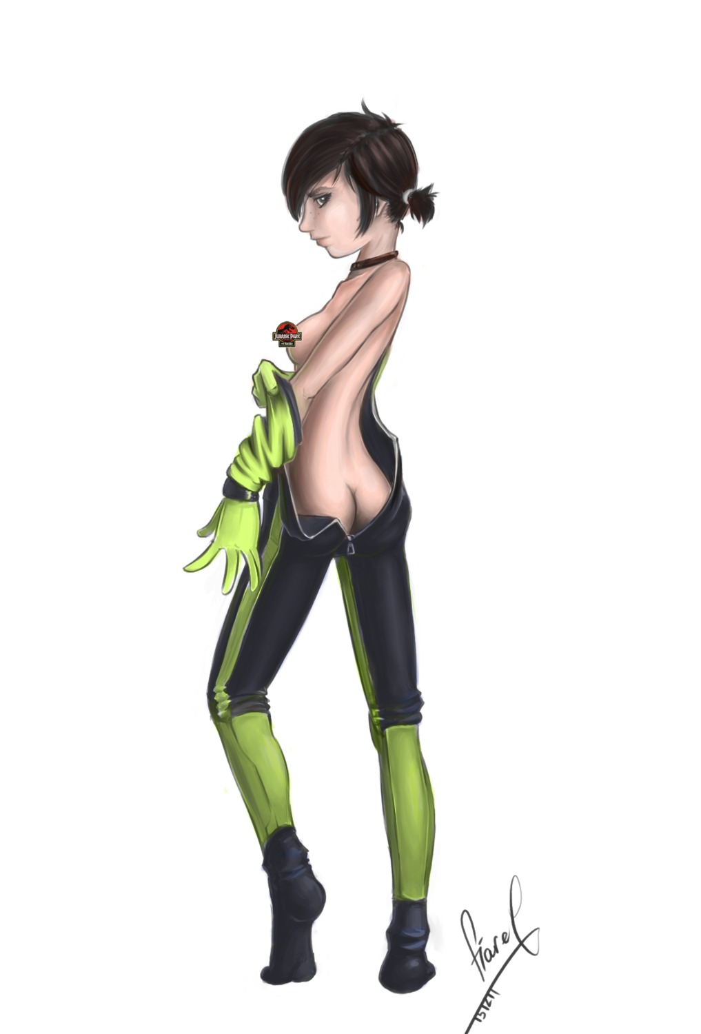 1girls 2d ass back_zipper breasts brown_hair censored female female_only getting_dressed human human_female human_only jessica_harding jurassic_park jurassic_park:_the_game jurassic_park_(franchise) logo_censor rule34 solo solo_female telltale_games wetsuit young zipper zipper_down