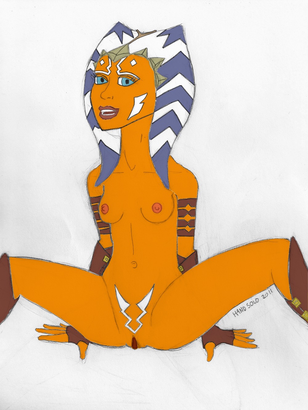 1girls ahsoka_tano blue_eyes breasts clone_wars drawing female female_focus female_only h4ndsolo looking_at_viewer medium_breasts nipples open_mouth pubic_markings rule34 simple_background sitting solo star_wars tagme text the_clone_wars:_season_four togruta watermark white_background