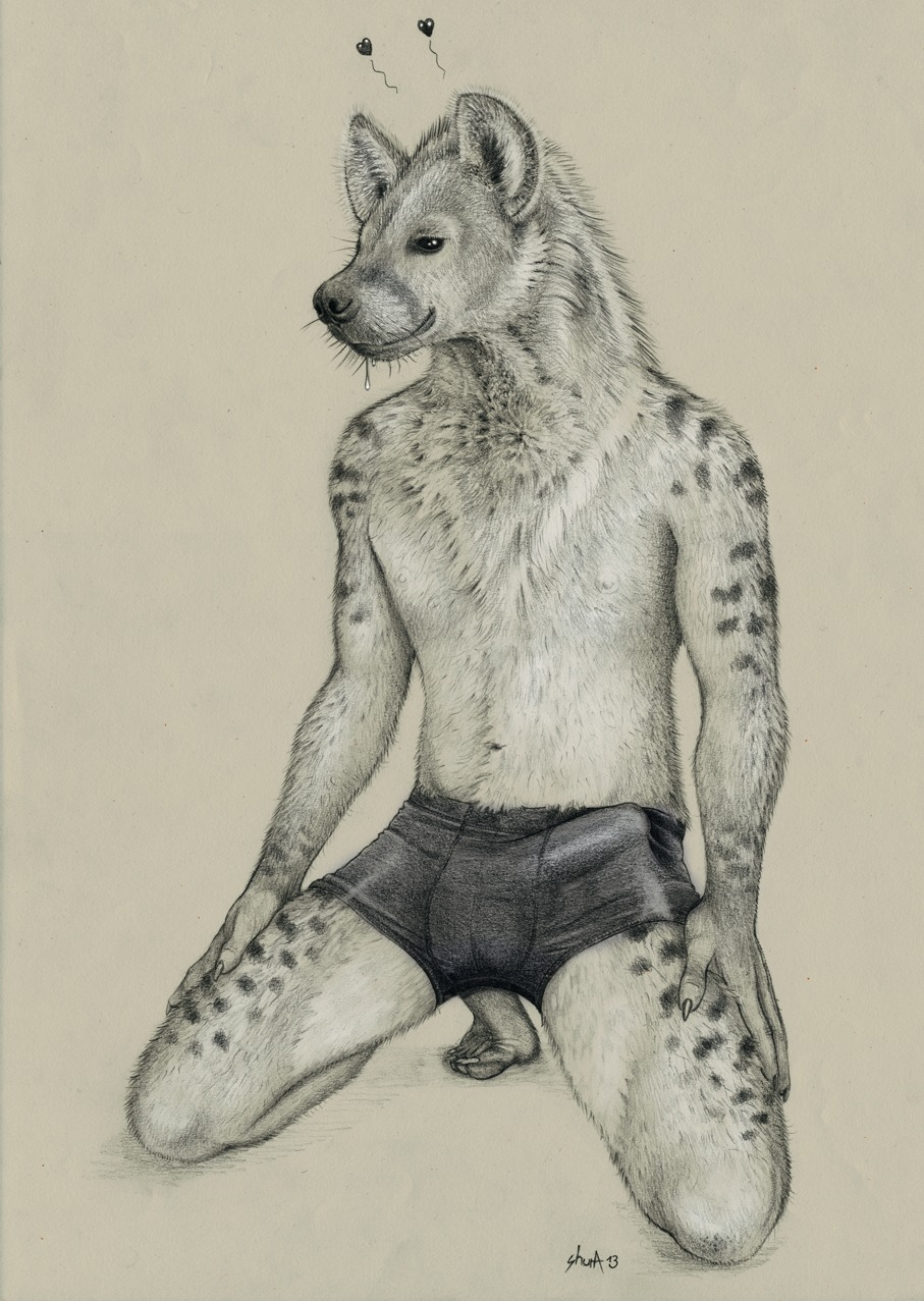 2013 anthro aruhs biped bodily_fluids bulge claws clothed clothing detailed_bulge dripping drooling e621 erection genital_outline heart_symbol hi_res hyena kneeling male mammal navel nipples penis_outline saliva solo spotted_hyena topless underwear
