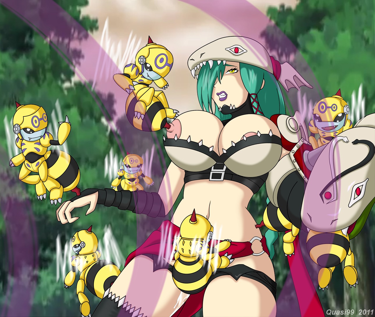 2011 amazon amazonian bad_end bee braid braided_hair broken_rape_victim crest_of_knowledgedigimon crests_(digimon) digimon digimon_(species) digimon_xros_wars female femsub green_hair honeybeemon long_hair mervamon mind_break nipple_penetration outdoors quasi99 rape rule34 stinger very_long_hair